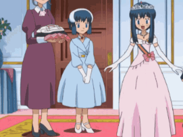 a woman in a purple dress is holding a cake and two girls in pink dresses are standing in front of a door