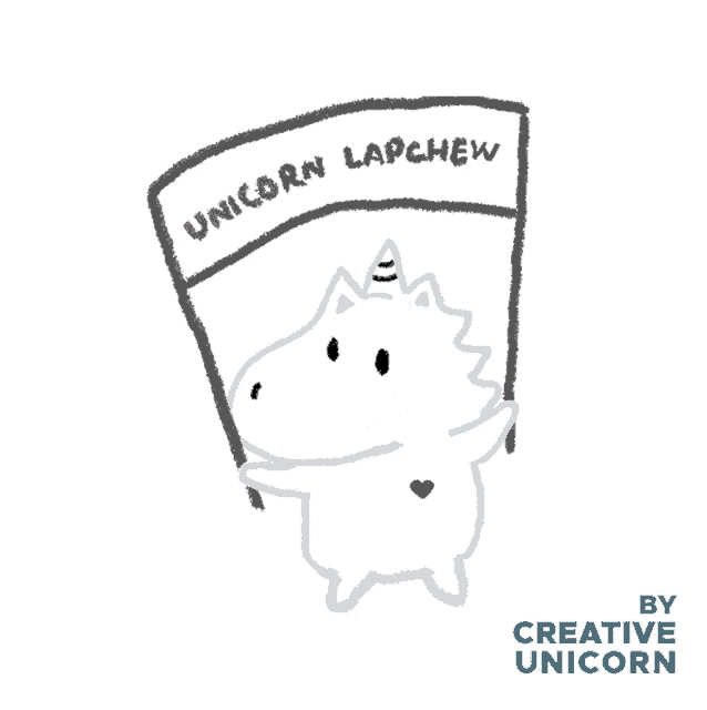 a drawing of a white unicorn holding a banner that says unicorn lapchew
