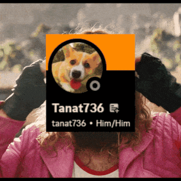 a man in a pink jacket has a picture of a dog in front of his face and the name tanat736
