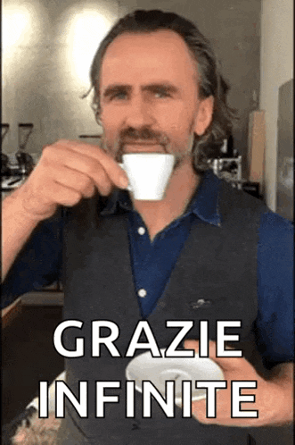 a man drinking a cup of coffee with the words grazie infinite written below him