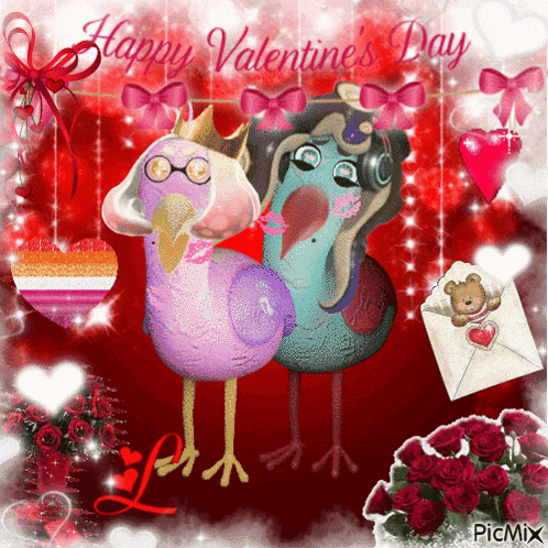 a valentine 's day greeting card with two birds on a red background
