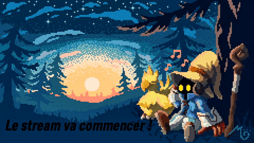a pixel art of a wizard and a chick with the words le stream va commencer