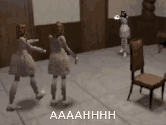 two dolls are dancing in a room with the words aaahhhh written below them