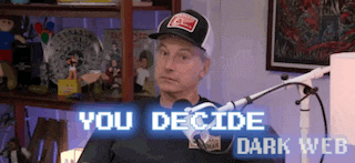 a man wearing a hat is sitting in front of a microphone with the words `` you decide dark web '' displayed .