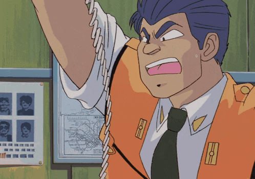 a man with blue hair is talking on a phone with a map in the background