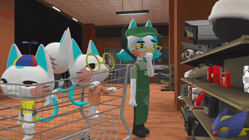 a cartoon character in a store with a sign that says clandes on it