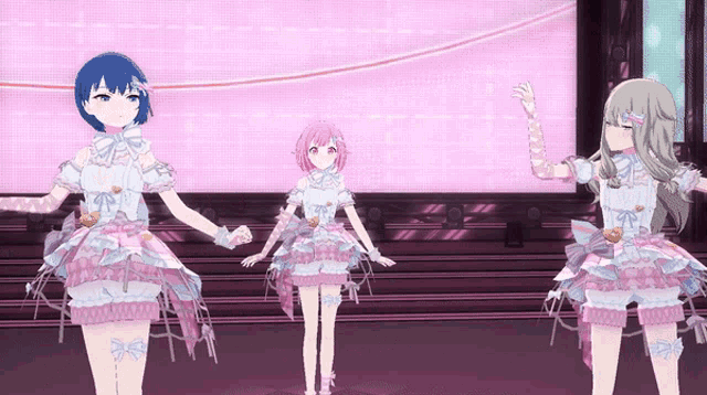 three anime girls are standing next to each other in front of a pink background