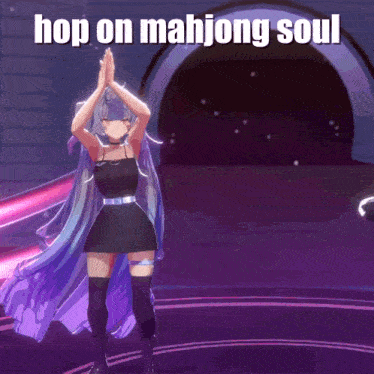 a girl in a black dress is dancing with the words hop on mahjong soul behind her