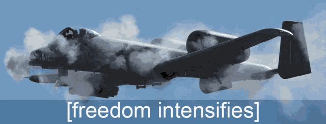 a fighter jet is flying in the sky with the words freedom intensifies behind it