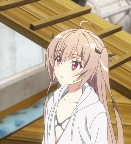 a girl with a white hoodie and red eyes