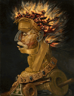 a painting of a man with fire coming out of his hair