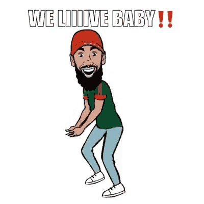 a cartoon of a man with a beard is dancing and saying we live baby .