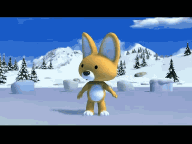 a cartoon bunny is standing in the snow
