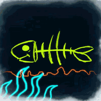 a drawing of a skeleton of a fish with the word fish written in yellow