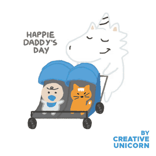 a drawing of a unicorn pushing a stroller with a baby and cat