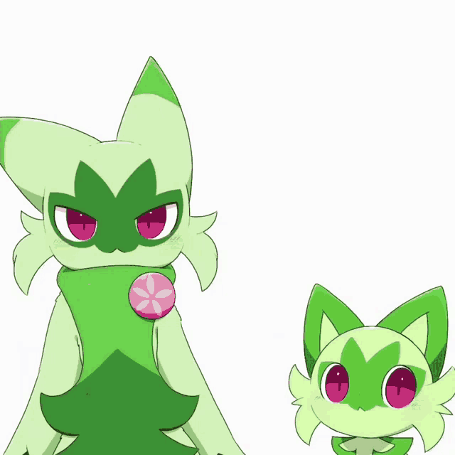 two green cartoon characters with red eyes and a pink flower on their chest