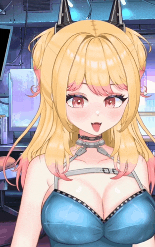 a girl with blonde hair and pink hair is wearing a choker and a blue bra