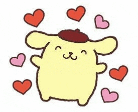 pompompurin is surrounded by hearts and is smiling .