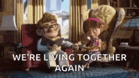 a couple of cartoon characters sitting on a couch with the words `` we 're living together again '' written on the bottom .