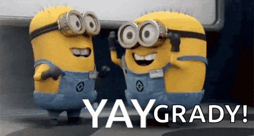 two minions wearing goggles are standing next to each other with the words yaygrady written below them