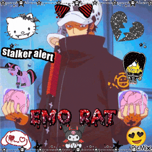 a picture of a man with the words stalker alert emo rat written on the bottom