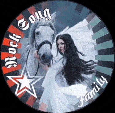 a picture of a woman holding a white horse with the words rock song family written on it