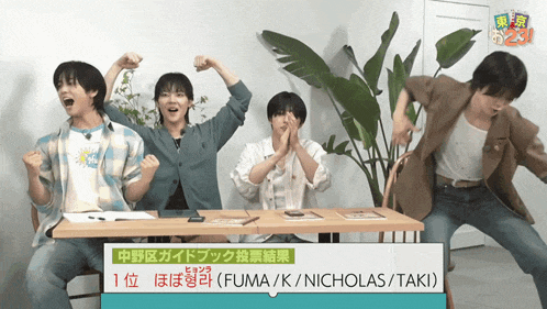 a group of people are sitting at a table with a sign that says fuma k nicholas taki