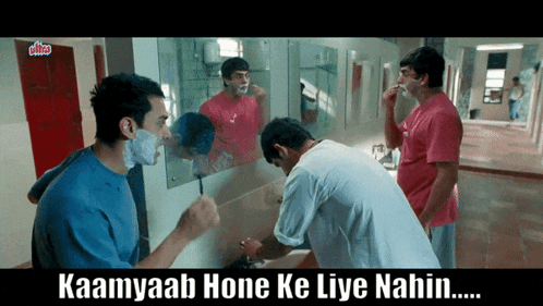 two men shaving in front of a mirror with the words kaamyaab hone ke liye nahin