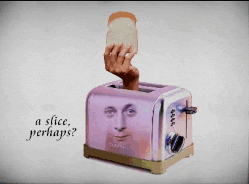 a slice of bread is sticking out of a toaster that says a slice perhaps