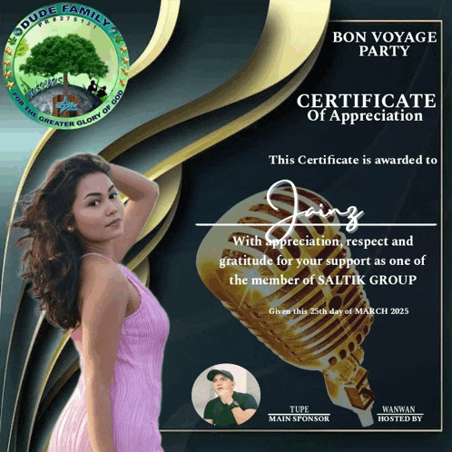 a certificate of appreciation is awarded to jiing