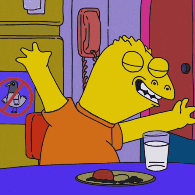 bart simpson is sitting at a table with a plate of food and a glass of water in front of him