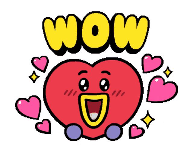 a cartoon heart is surrounded by pink hearts and says wow