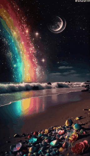 a painting of a beach with a rainbow and a half moon