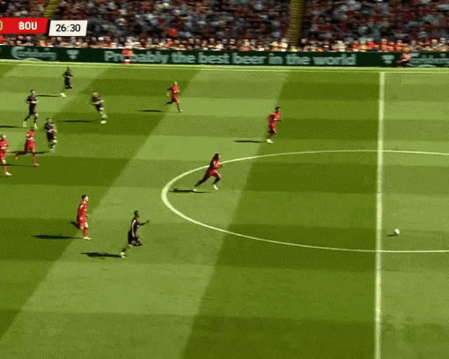 a soccer game is being played on a field with a sign that says probably the best beer in the world on it