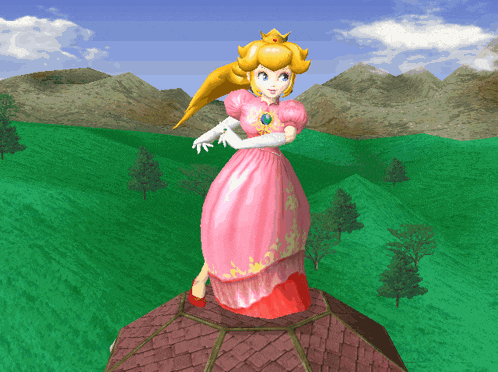 princess peach is standing on a roof in a video game scene