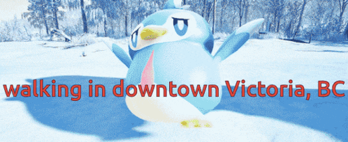 a picture of a penguin in the snow with the words walking in downtown victoria bc below it