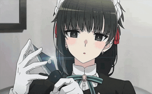 a girl in a maid outfit is holding a glass