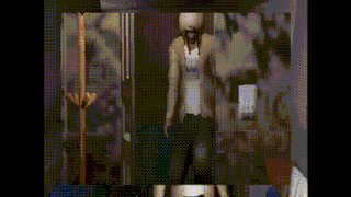 a pixelated image of a man in a white shirt and a white hat