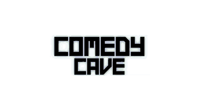a white background with the words comedy cave written in black
