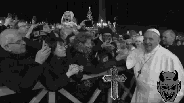 a black and white photo of a pope with a cross in the background