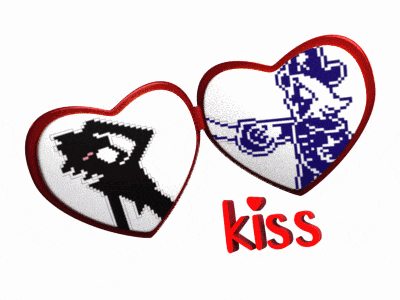 a couple of hearts with the word kiss in red