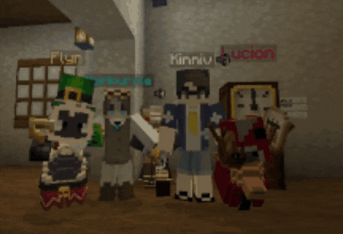 a group of minecraft characters standing next to each other with the names flyn kinniv and lucian visible