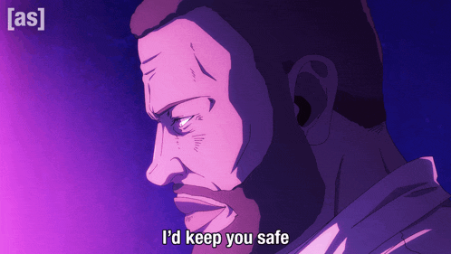 a man with a beard says " i 'd keep you safe " in a purple background