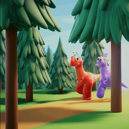 a red dinosaur and a purple dinosaur in a forest