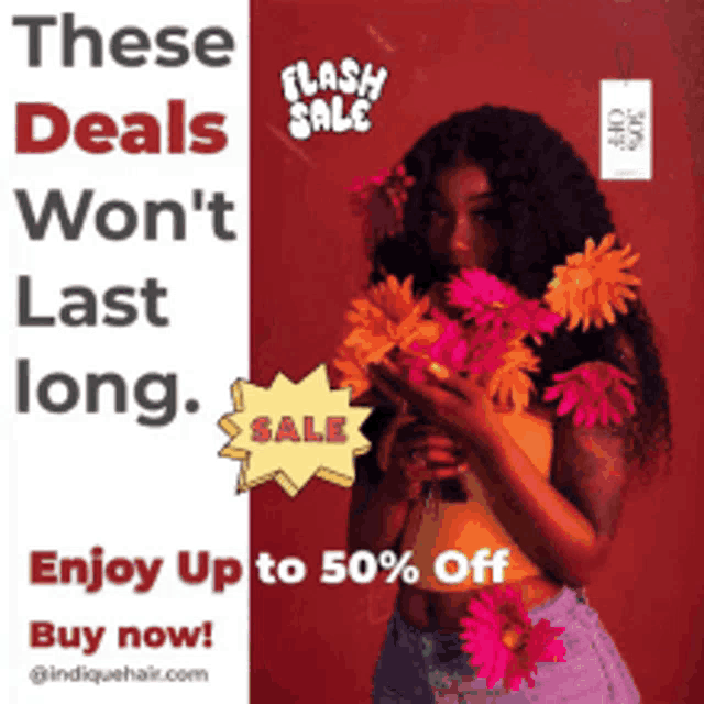 a woman is holding flowers in front of a flash sale sign