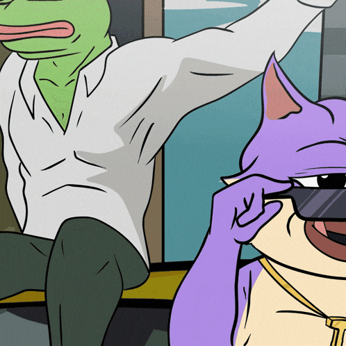 a cartoon of a frog and a cat with sunglasses on