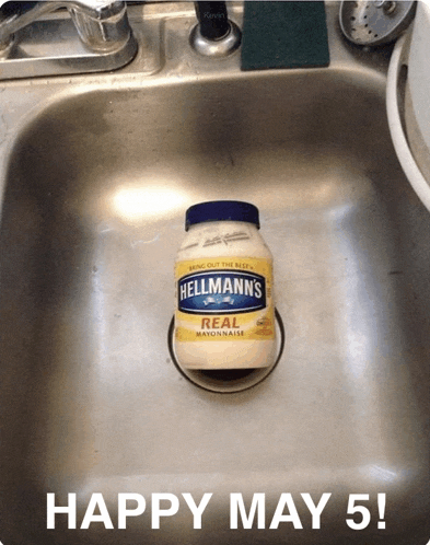 a bottle of hellmann 's real mayonnaise sits in a sink