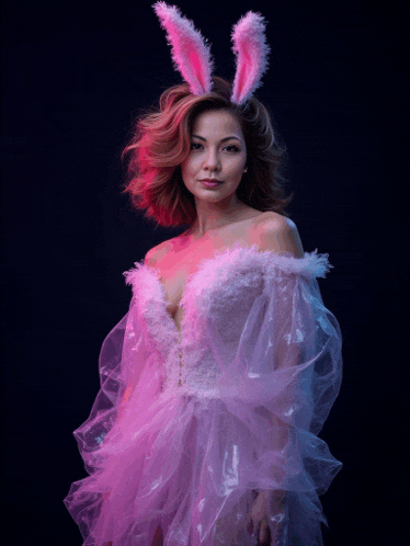a woman is wearing bunny ears and a pink dress