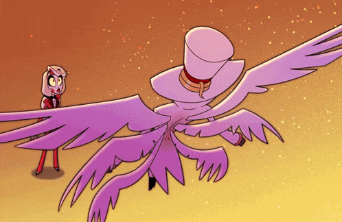 a cartoon character with wings and a top hat standing next to another character