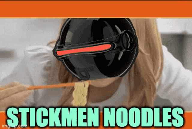 a woman wearing a helmet is eating noodles with chopsticks with the words stickmen noodles below her
